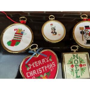 Vintage 1980s Handmade Framed Cross Stitch Christmas Ornaments Lot of 9